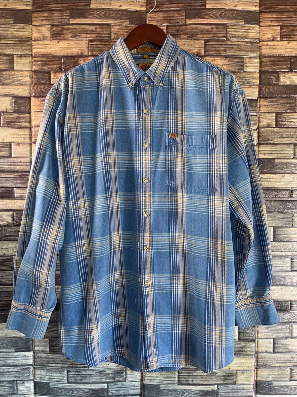 Vintage Justin Boots Work wear XL Men's Blue Plaid Button-Down Shirt